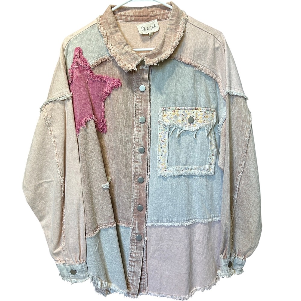 Oli & Hali Patchwork Denim Shacket S Pink Peace Sign Star Distressed